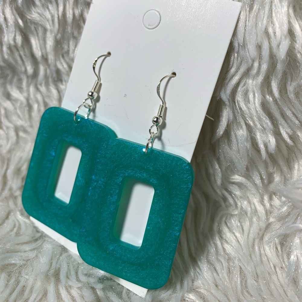 Teal rectangle earrings